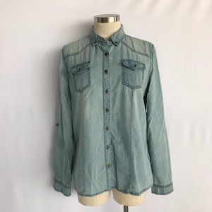 Highway Jeans Chambray Long-Sleeve Button-Down Denim Shirt Blouse Sz L